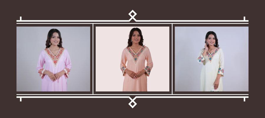 Women wearing Kashmiri Aari embroidered kurta sets in pastel shades — handcrafted ethnic wear by Simroz showcasing traditional Kashmiri artistry.