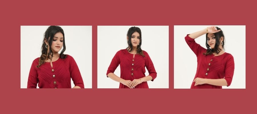 Crimson Radiance Pintuck Kurta Set with handcrafted buttons and pintuck neckline