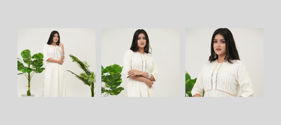 Elegant solid white kurta set with delicate lacework from Simroz, representing the Summer Snow collection.