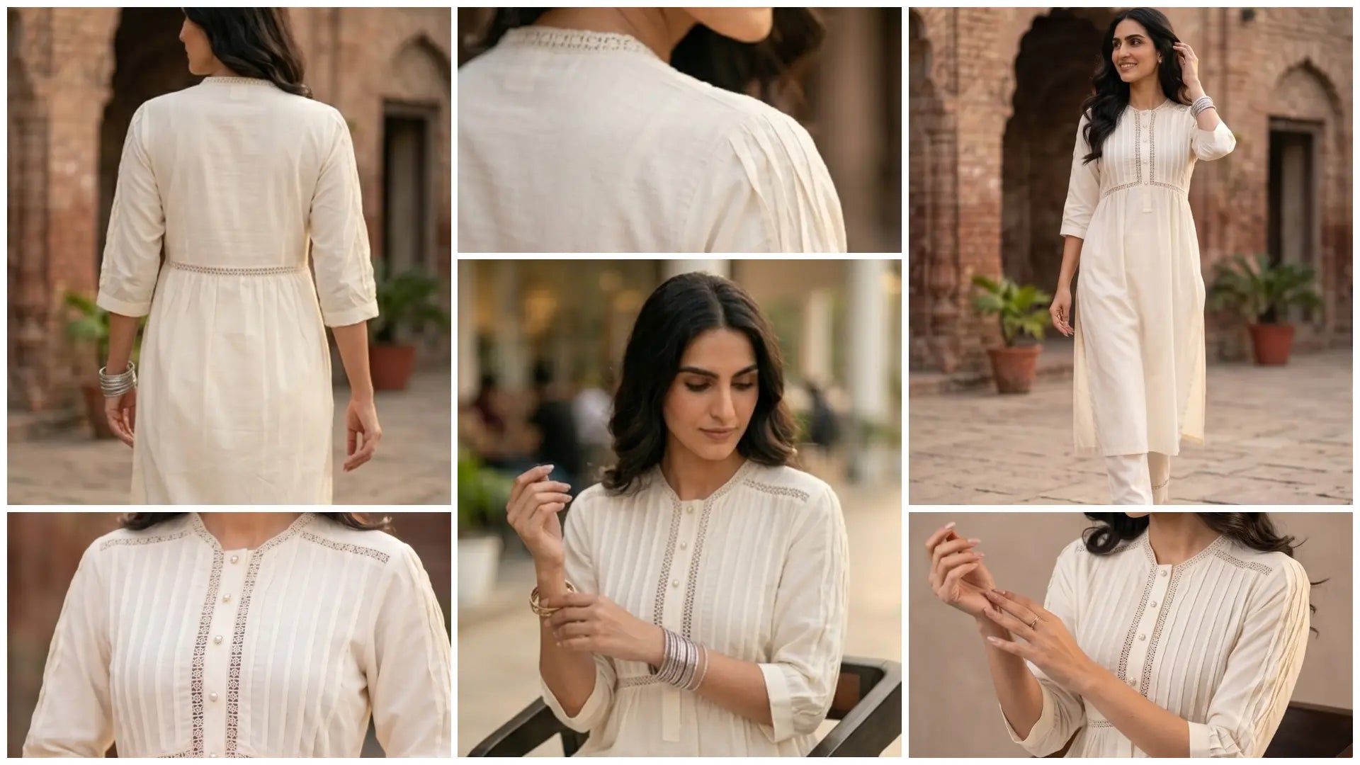 Woman wearing a white cotton kurta set with delicate pintucks and lace work, styled for elegant summer ethnic wear and everyday comfort