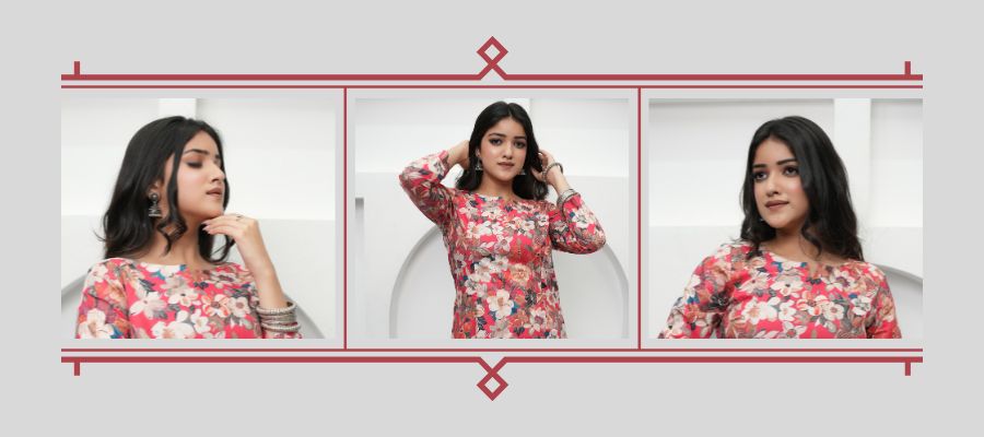 Woman wearing a floral printed Simroz kurta — soft cotton fabric with vibrant blooms reflecting effortless everyday elegance and mood-based dressing.
