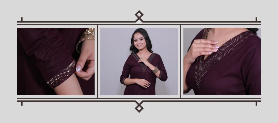 Maroon Simroz kurta highlighting fine fabric texture and elegant detailing — crafted from soft cotton with minimal design and refined stitching.