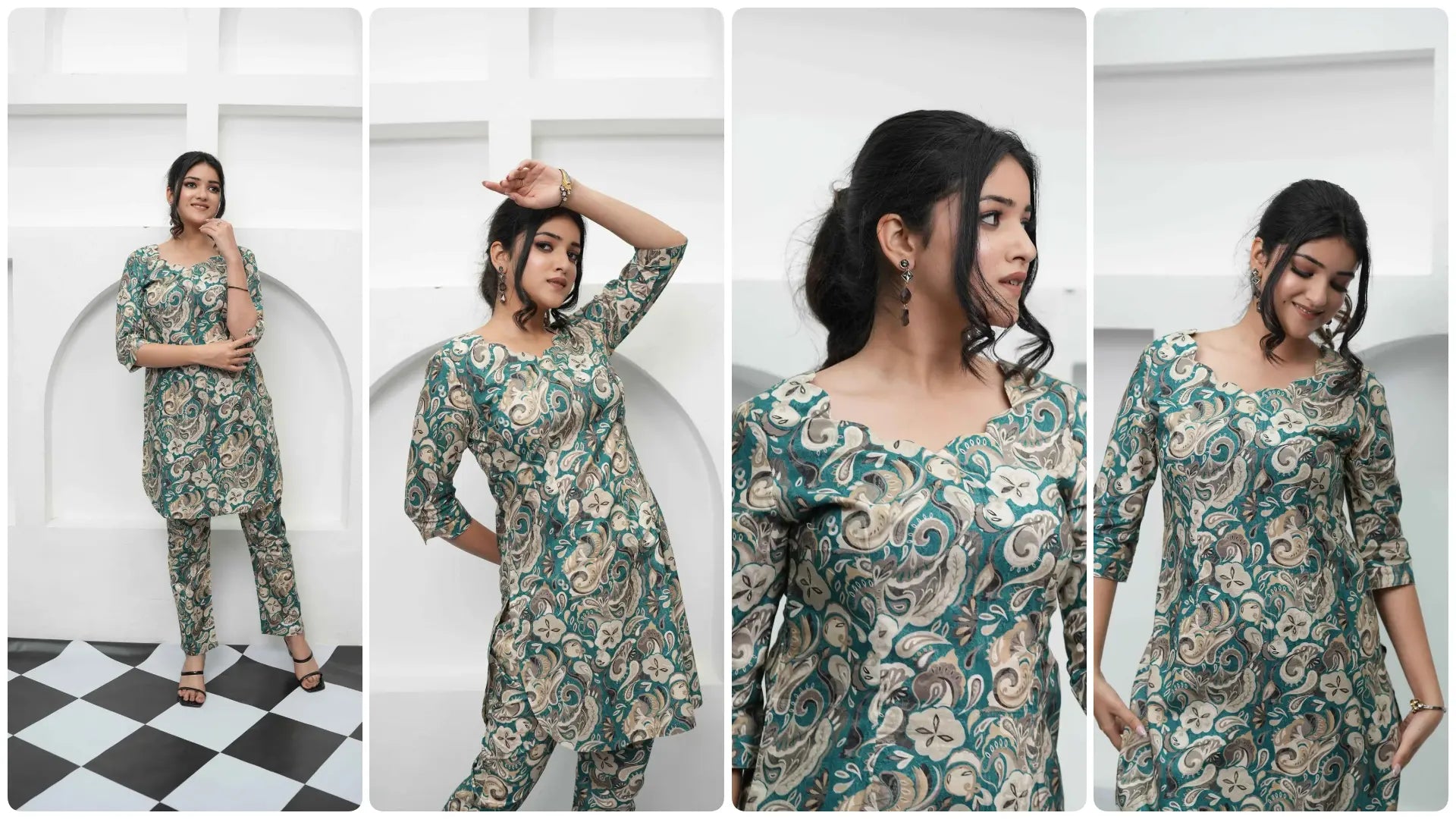 Young woman wearing a stylish embellished co-ord set with relaxed silhouette and subtle detailing, representing modern Gen Z fashion and effortless elegance