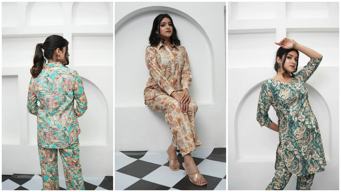 Woman wearing an embellished co-ord set with subtle embroidery, showcasing balanced style between simple and festive wear