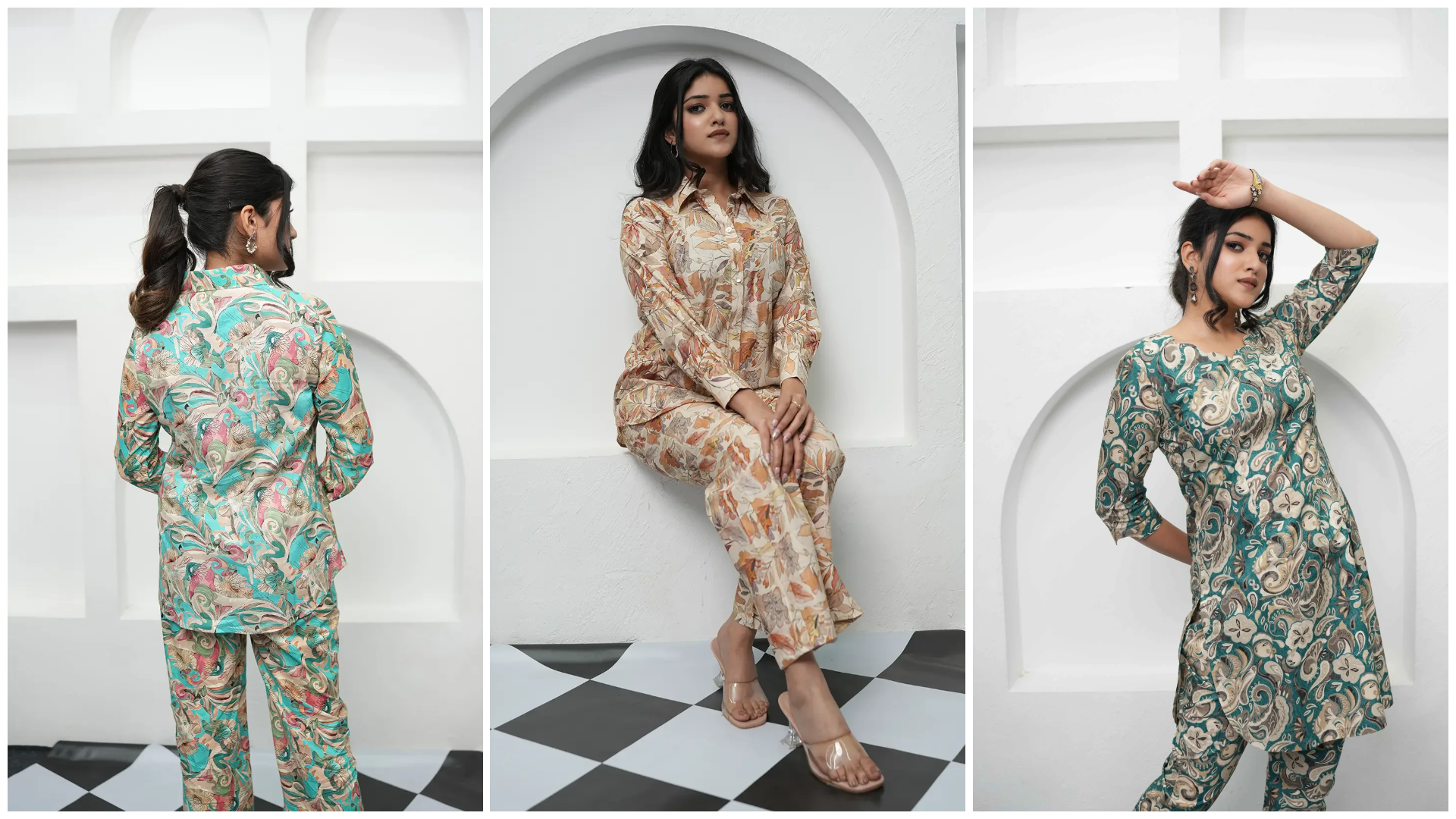 Woman wearing an embellished co-ord set with subtle embroidery, showcasing balanced style between simple and festive wear