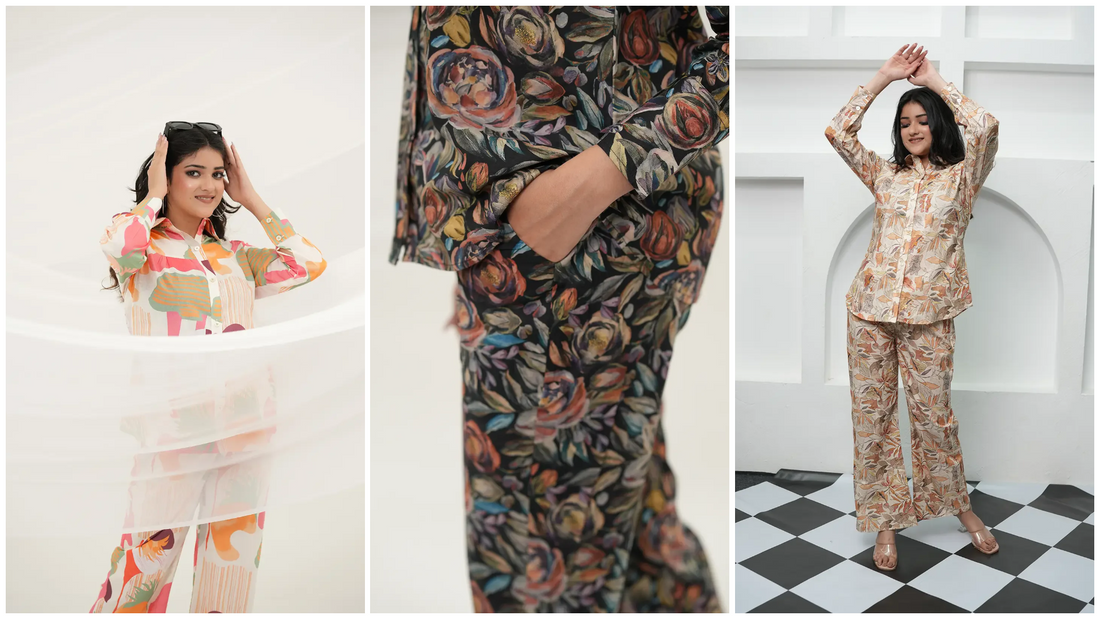 Woman wearing an embellished co-ord set showcasing elegant detailing, comfortable fit, and effortless everyday style