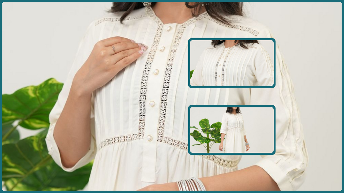 Minimal white cotton kurta set for women with pintuck and lace sleeves by Simroz
