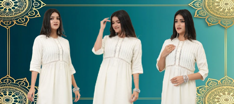 Woman wearing white solid cotton kurta with pintuck detailing – calm minimal ethnic style by Simroz