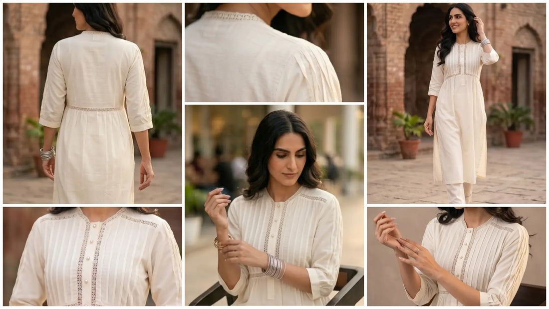 Woman wearing a white cotton kurta set with delicate pintucks and lace work, styled for elegant summer ethnic wear and everyday comfort