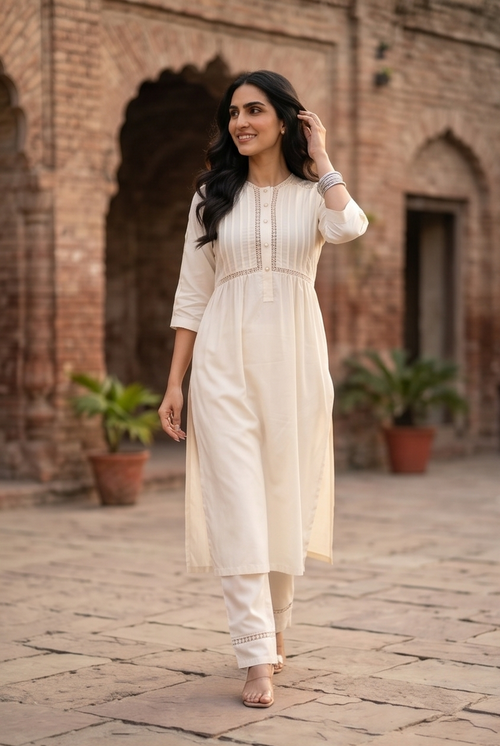Summer Snow White Lace Work Kurta Set