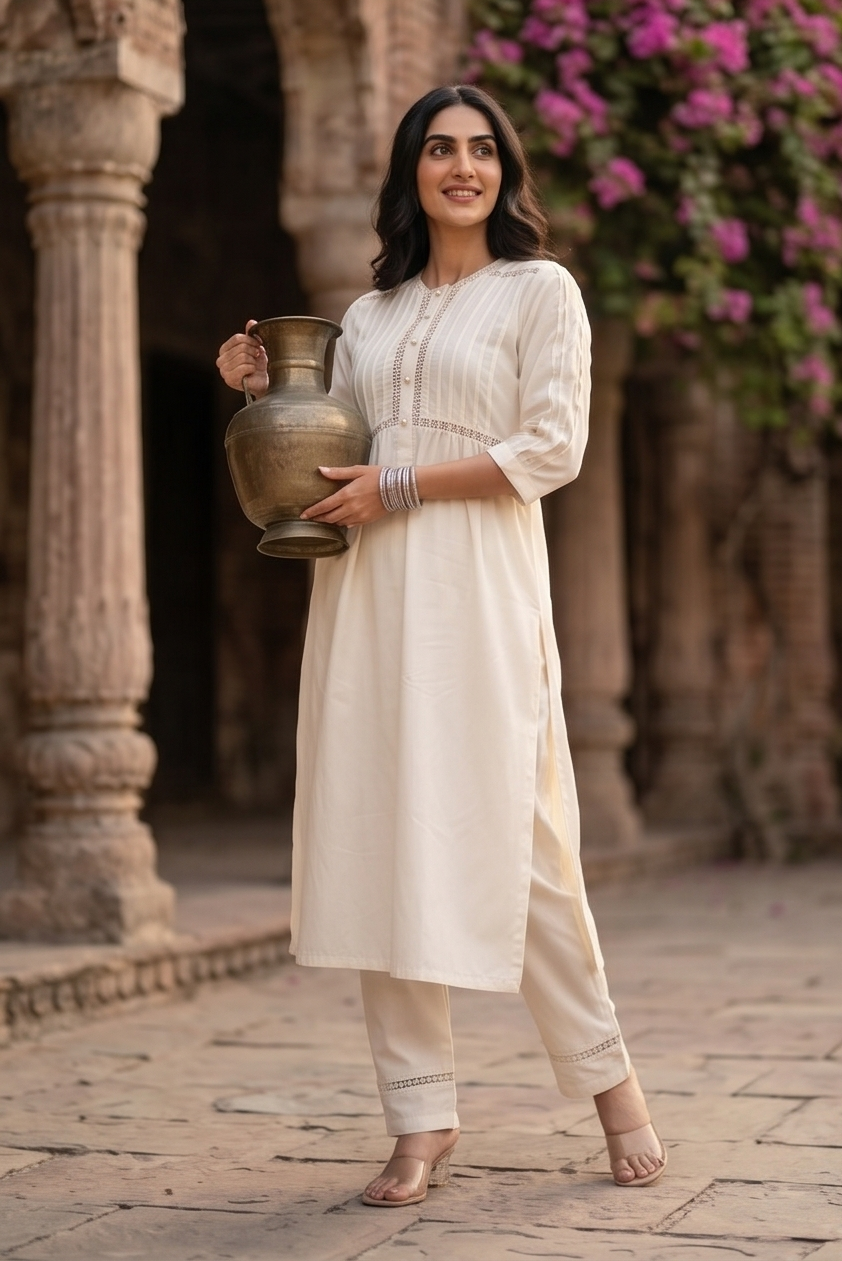 Summer Snow White Lace Work Kurta Set