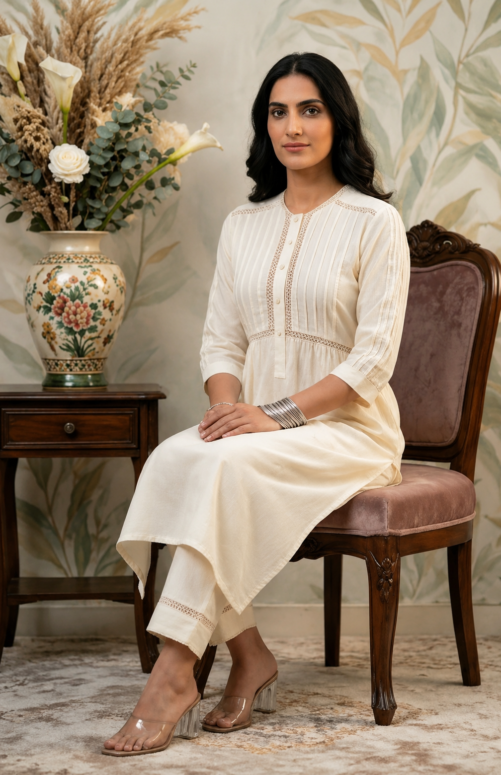 Summer Snow White Lace Work Kurta Set