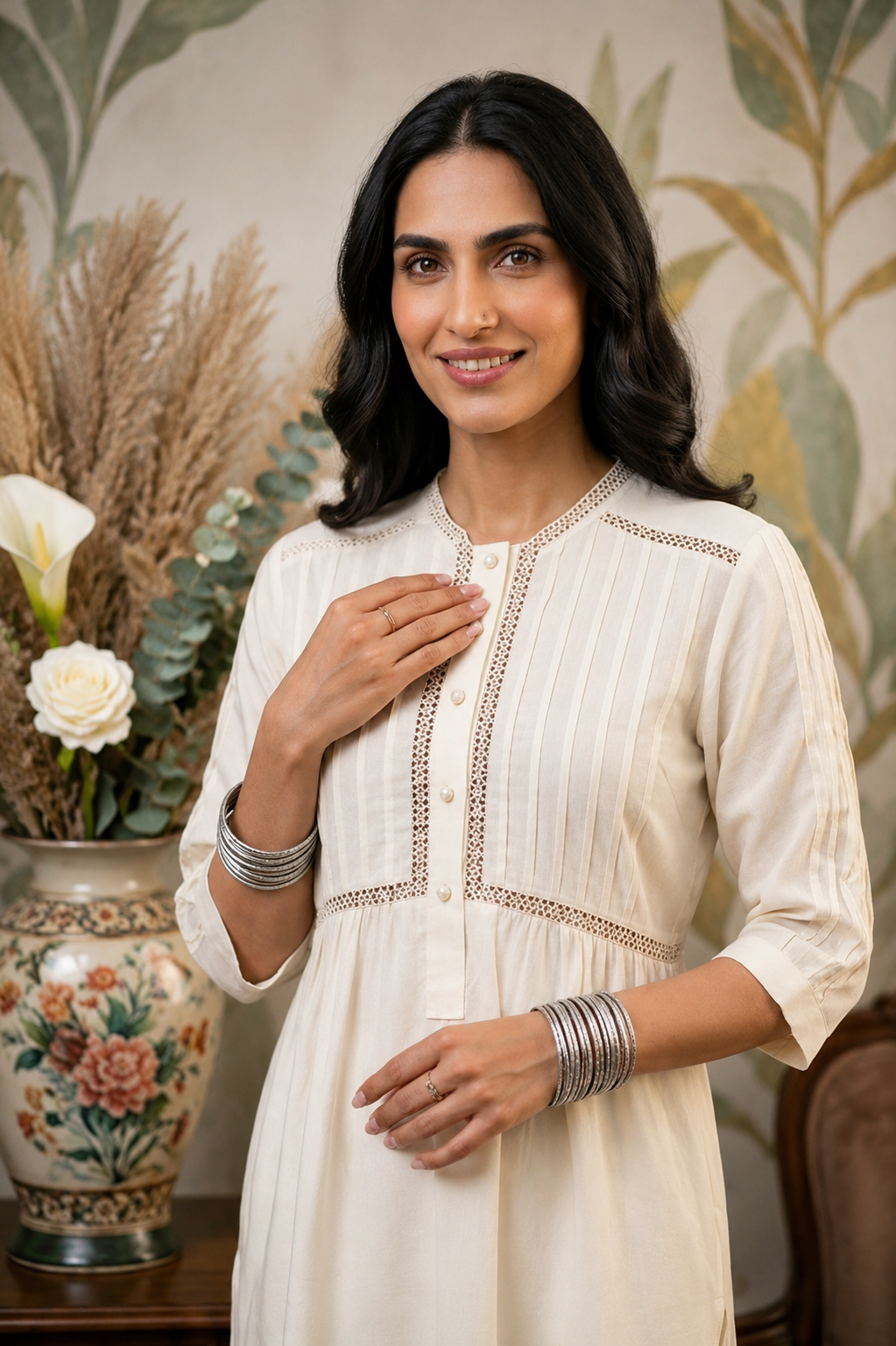 Summer Snow White Lace Work Kurta Set