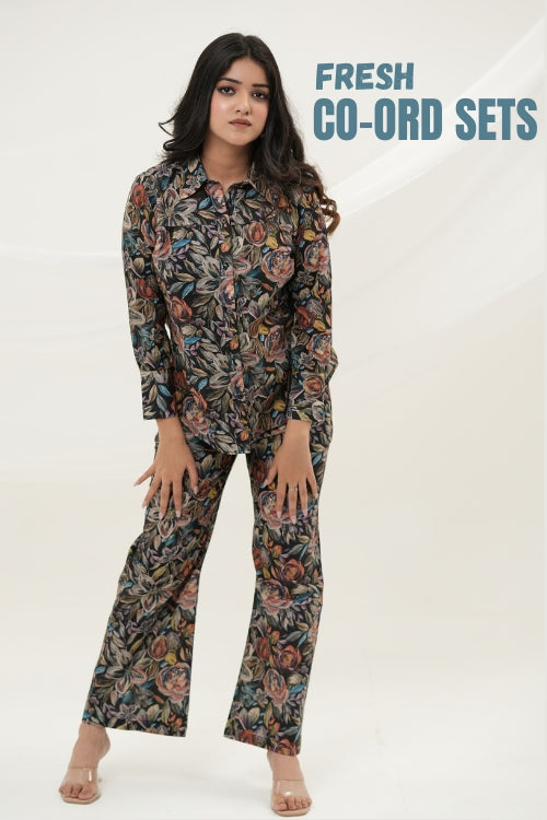 Woman wearing a Black Multiflora Co-ord Set, Full sleeve, Digital Printing - Simroz