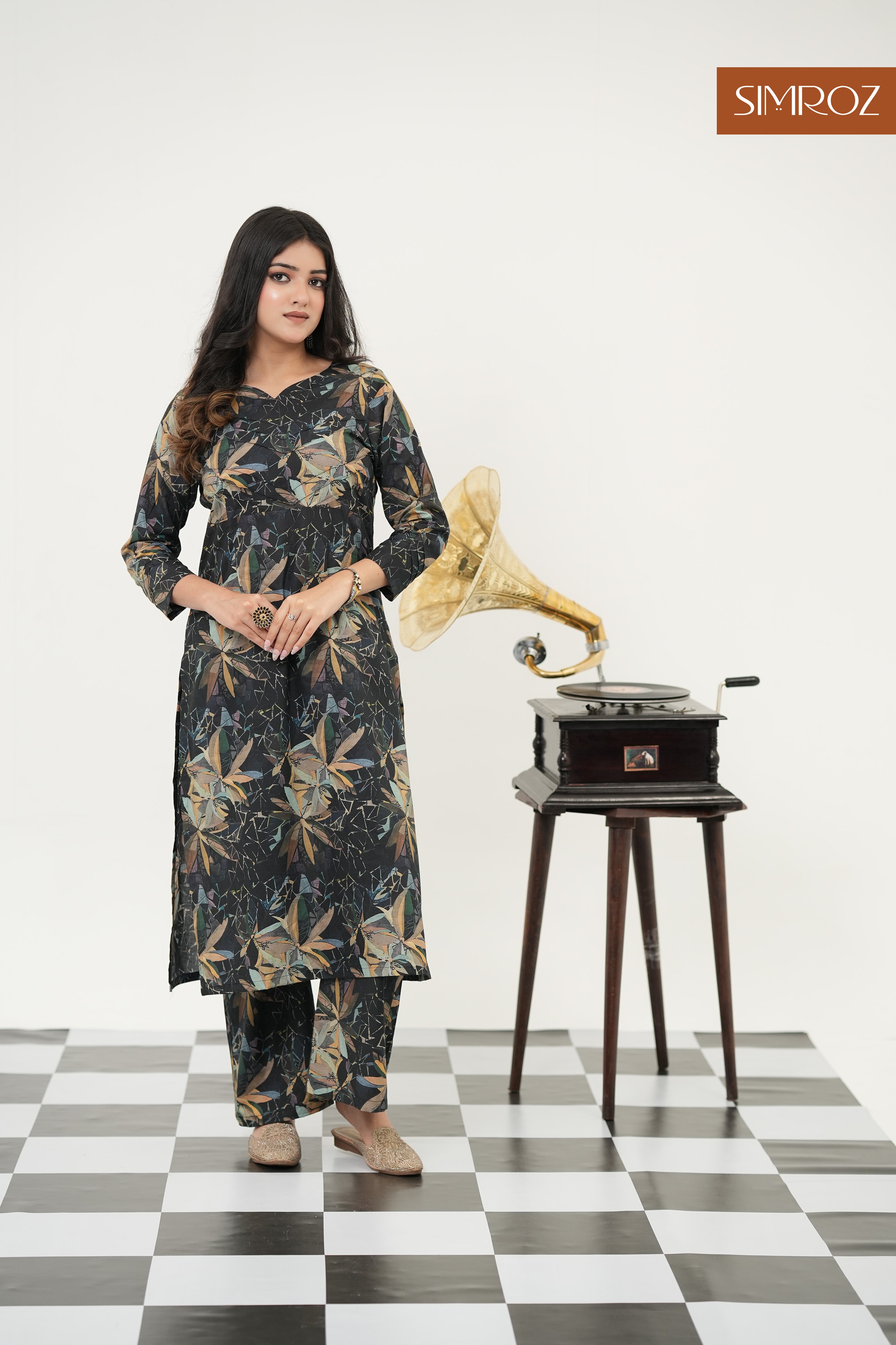 Designer black digital print kurta set for women full front view