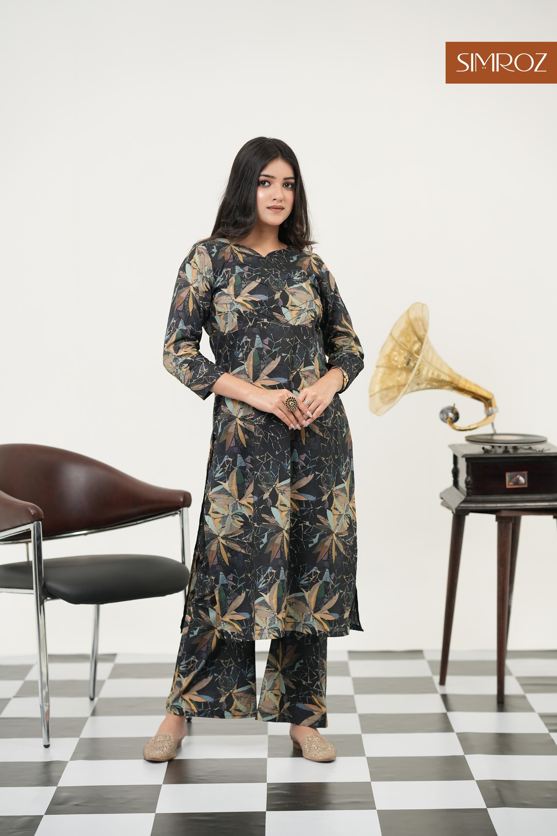 Midnight Sonata kurta set featuring ochre, teal and grey patterns.