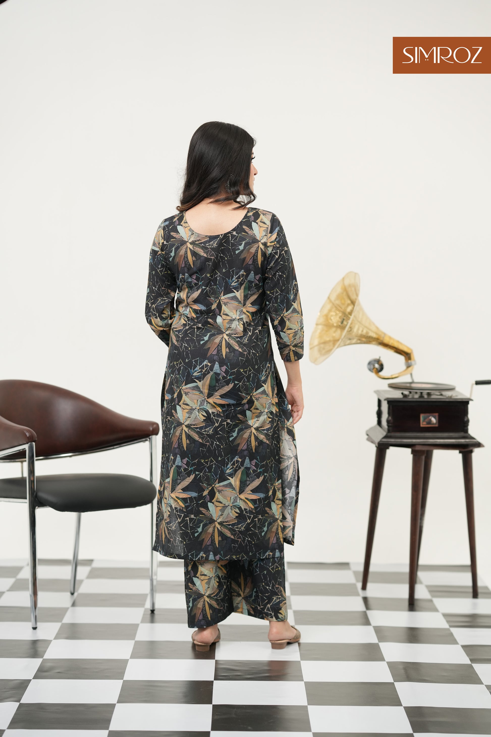 Midnight Sonata black digital print kurta set back view.