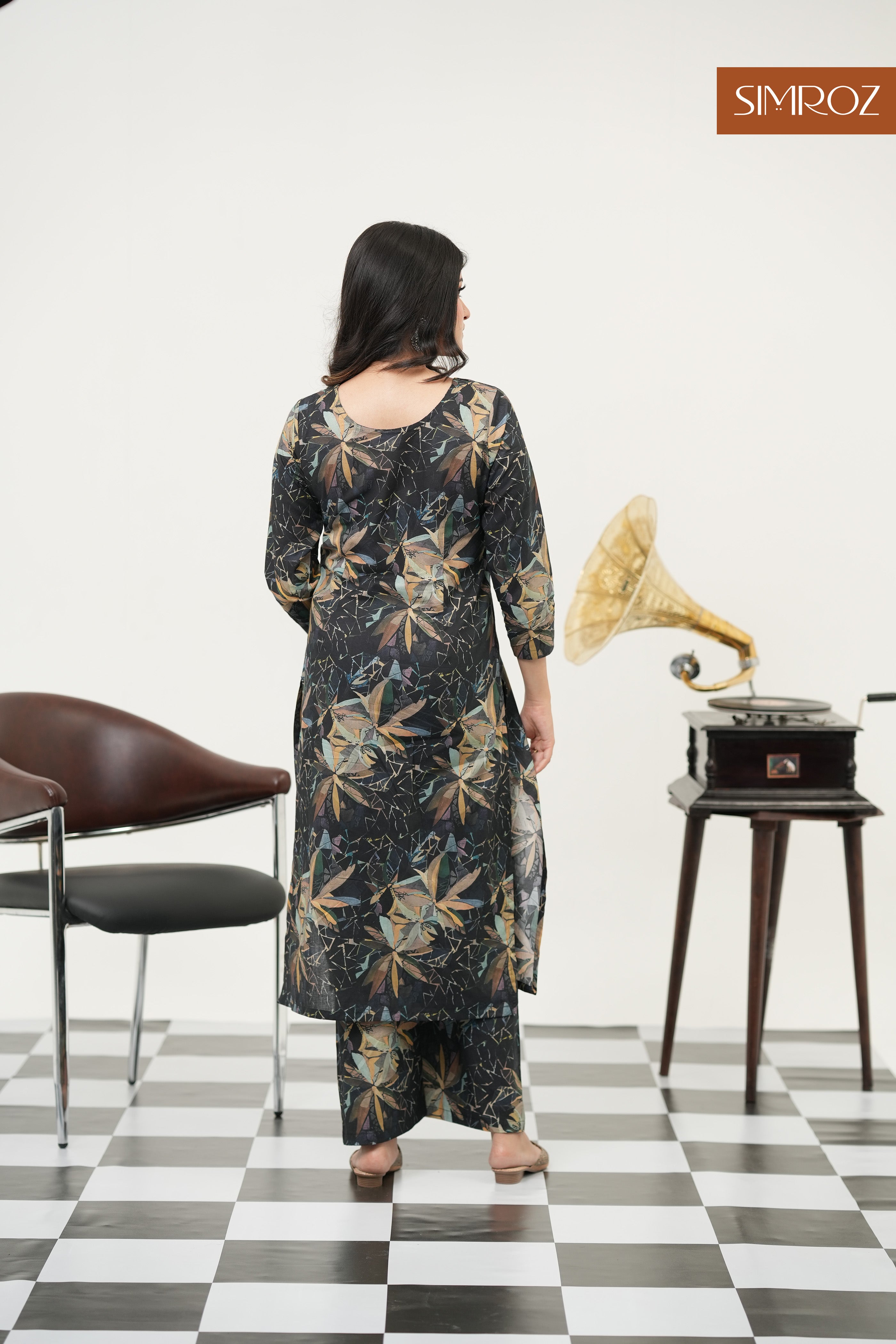 Midnight Sonata black digital print kurta set back view.