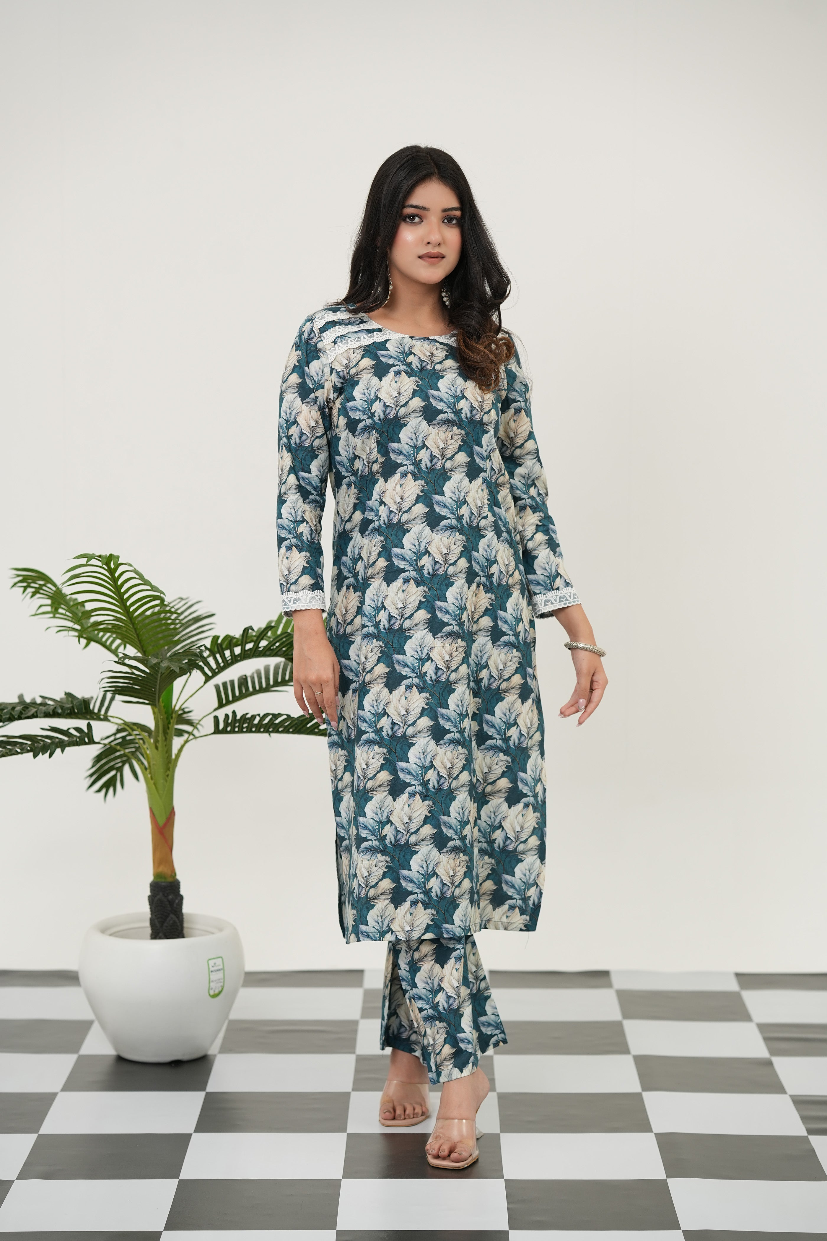 Blue cotton cambric kurta set with lush digital floral prints and straight fit design - Simroz.