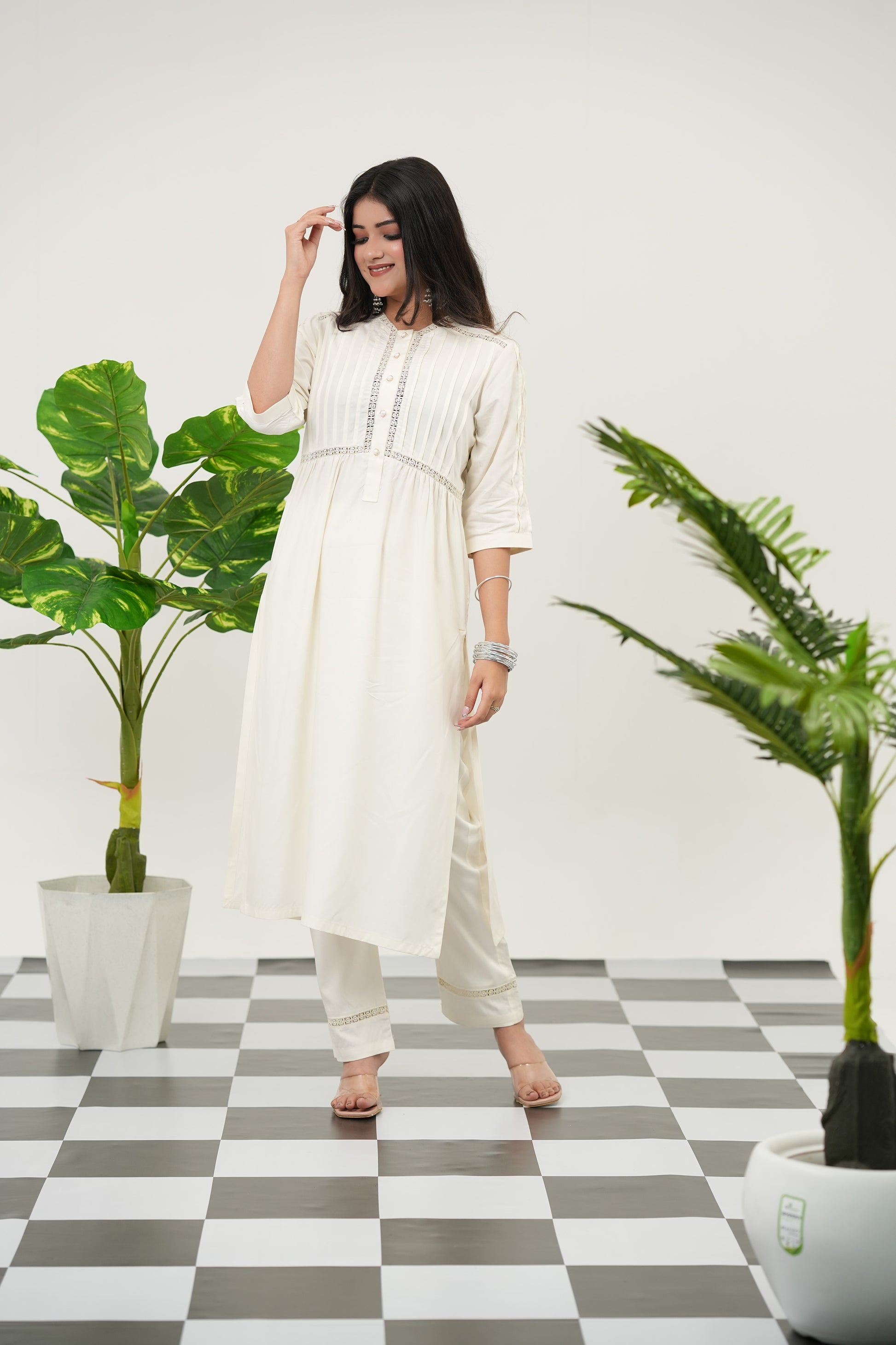 Summer Snow textured kurta set for women by SIMROZ, featuring lace accents, mirror highlights, and breathable summer comfort, full view - front.