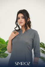 Twilight Sparkle grey Swarovski work kurta set by SIMROZ with delicate handwork and soft rayon viscose fabric.