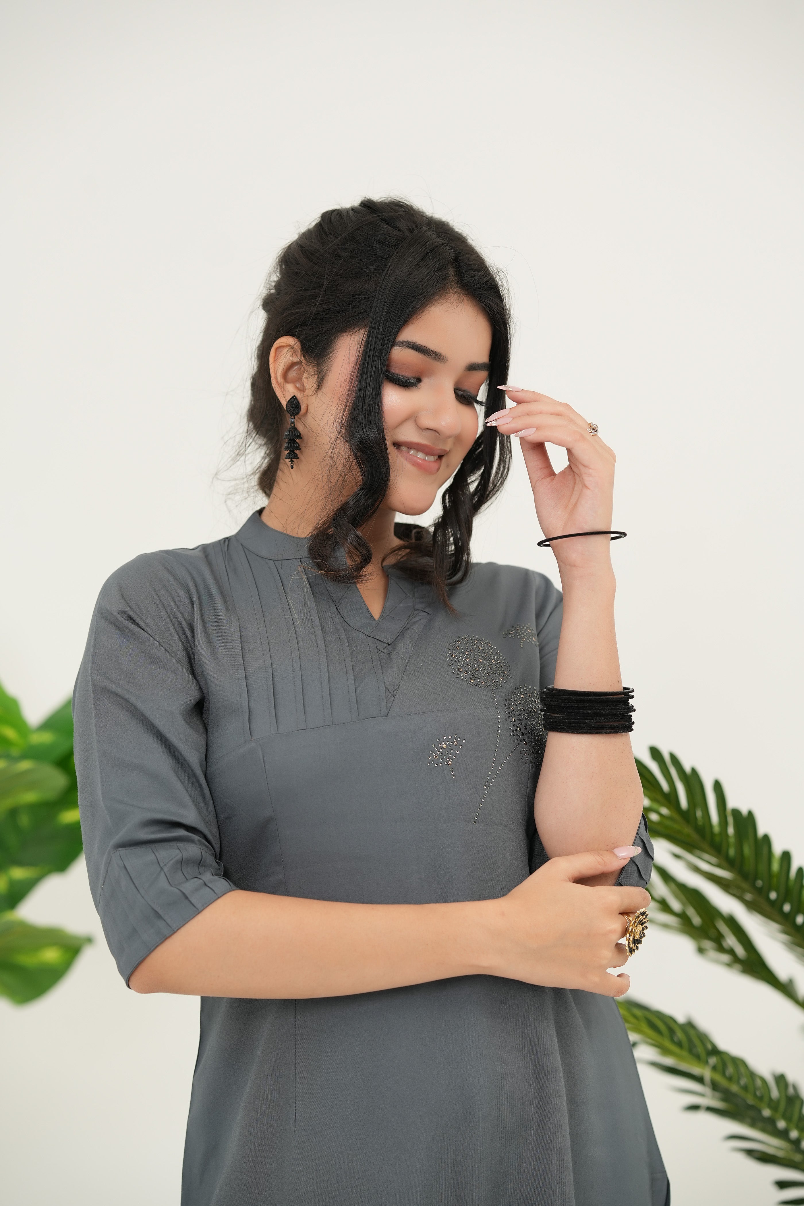 Twilight Sparkle grey kurta set with Swarovski crystal handwork, 3/4 sleeves, straight silhouette, and soft drape fabric by Simroz.
