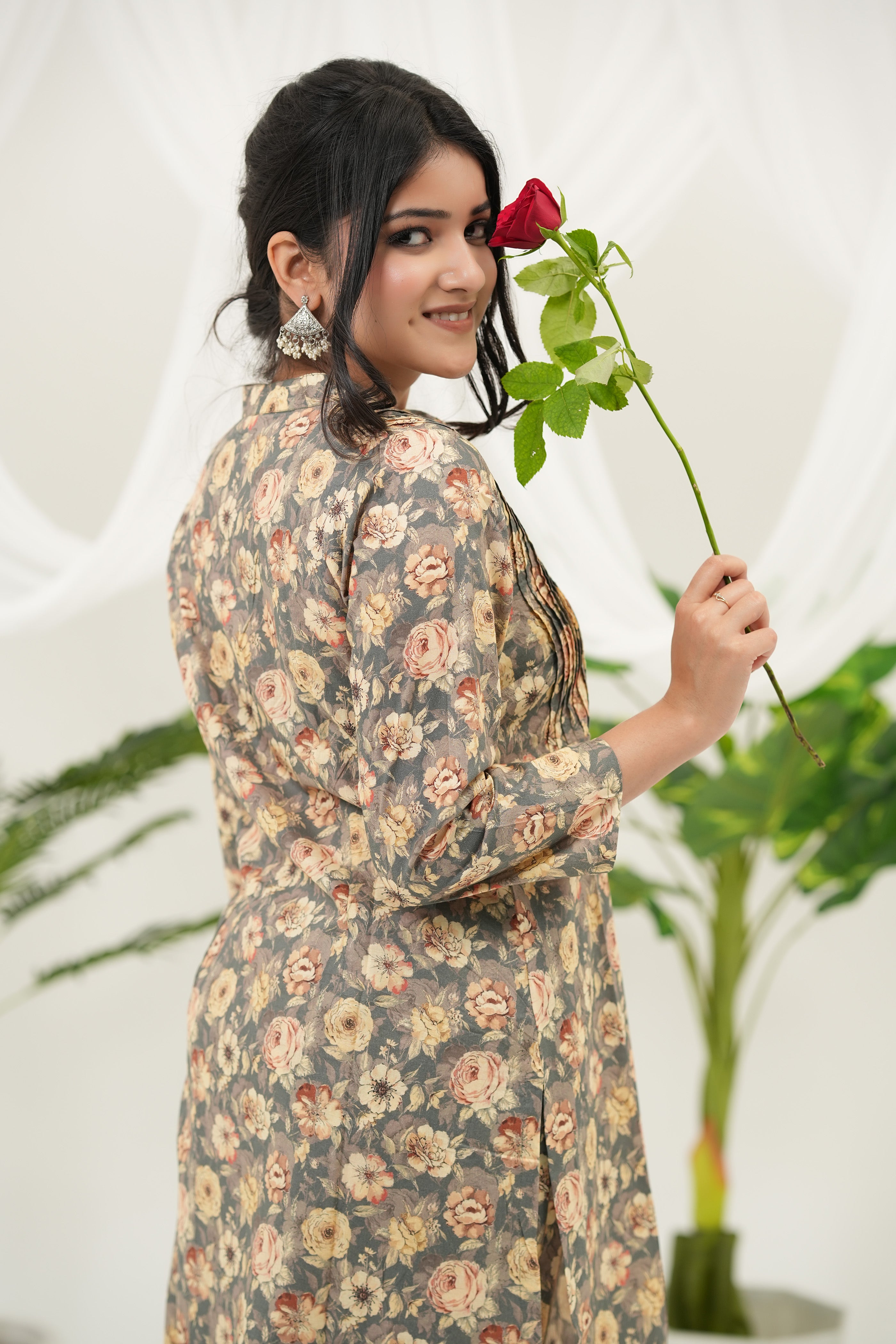 Desert Bloom kurta set by SIMROZ crafted with premium cotton, digital floral artwork, ban collar, and minimalist elegant style, side view.