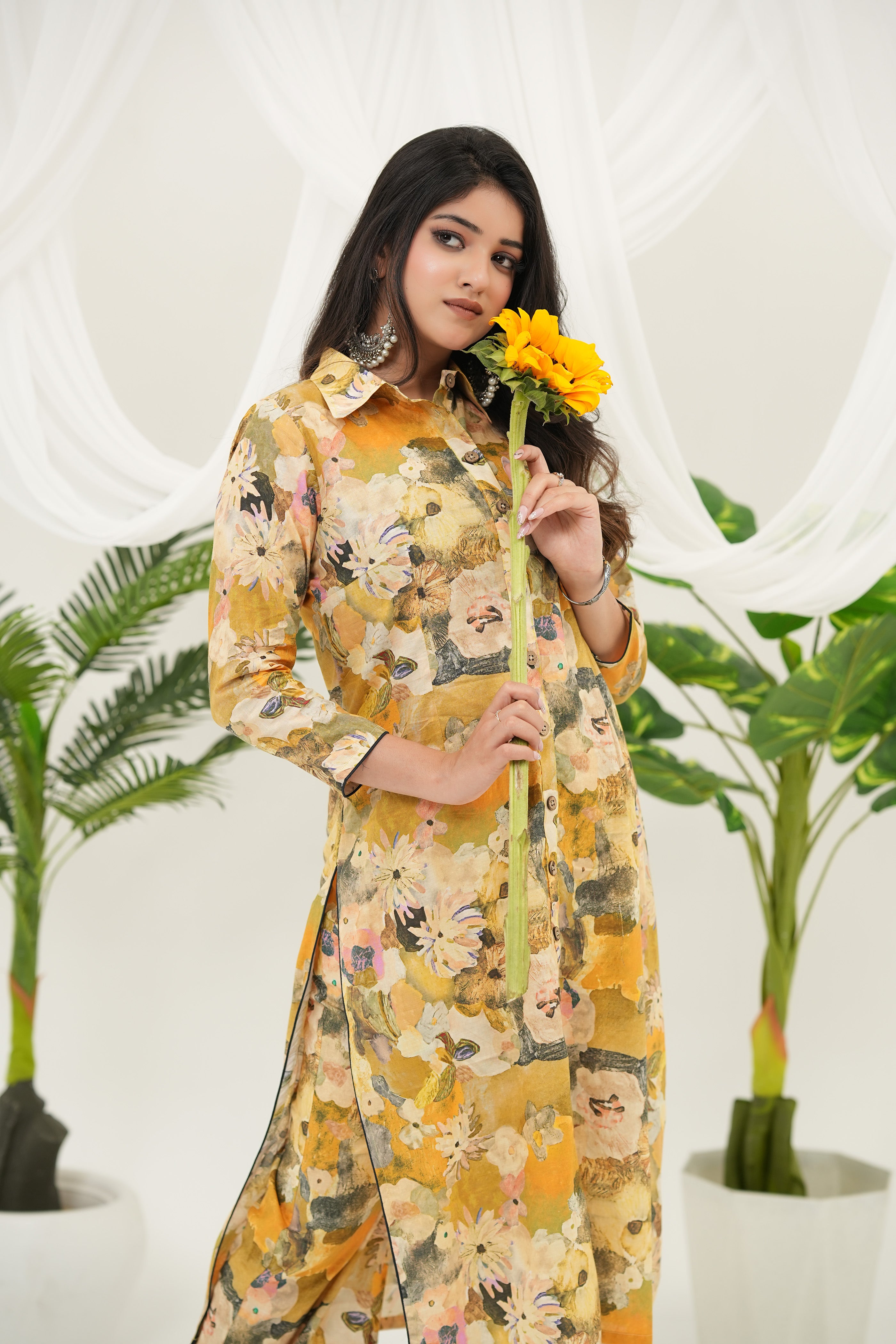 Golden Meadow yellow digital print kurta set, 3/4 sleeve style - by Simroz.