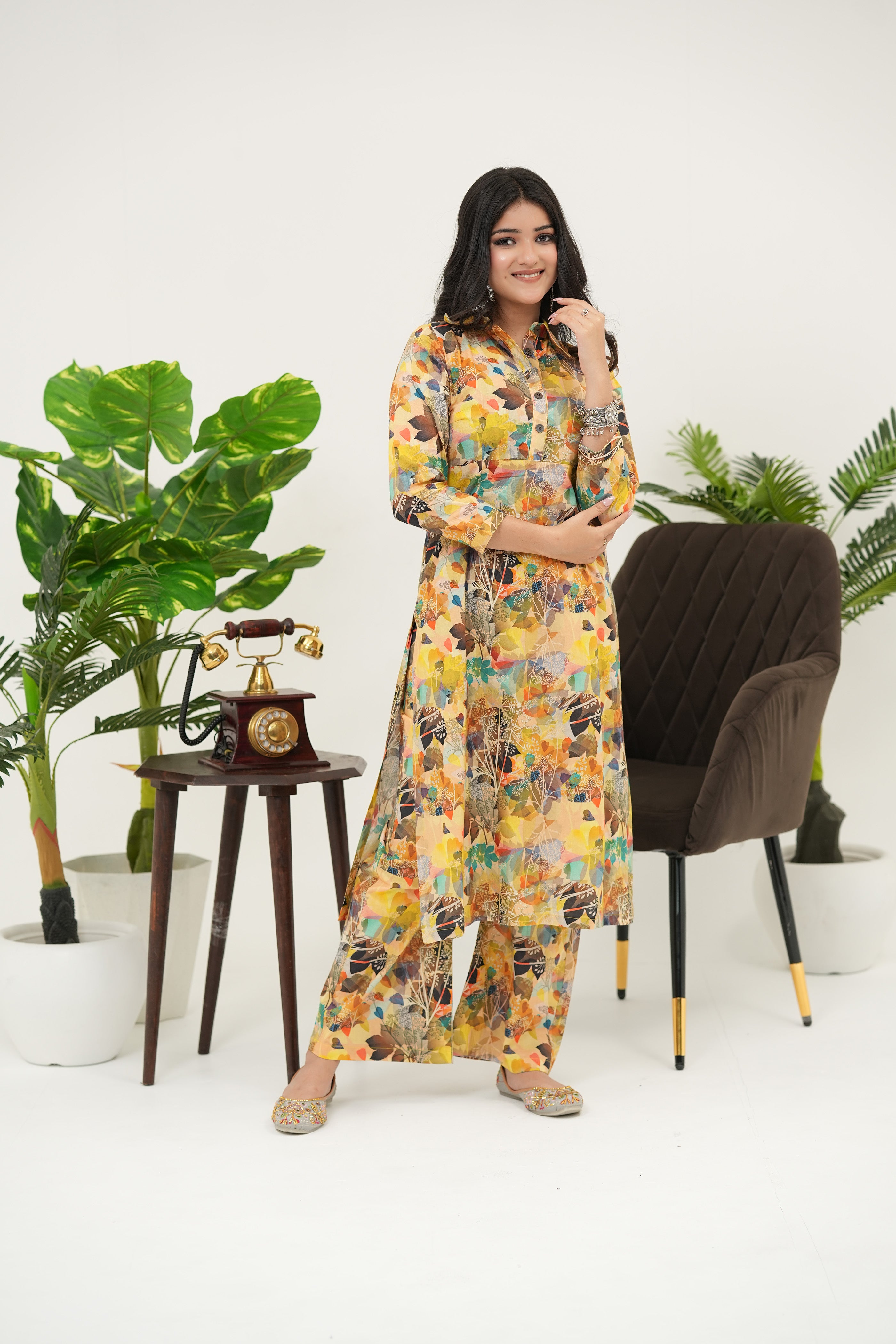 Yellow digital print kurta set for women with straight-fit silhouette, 3/4 sleeves, and summer-ready comfort, full view front - Simroz