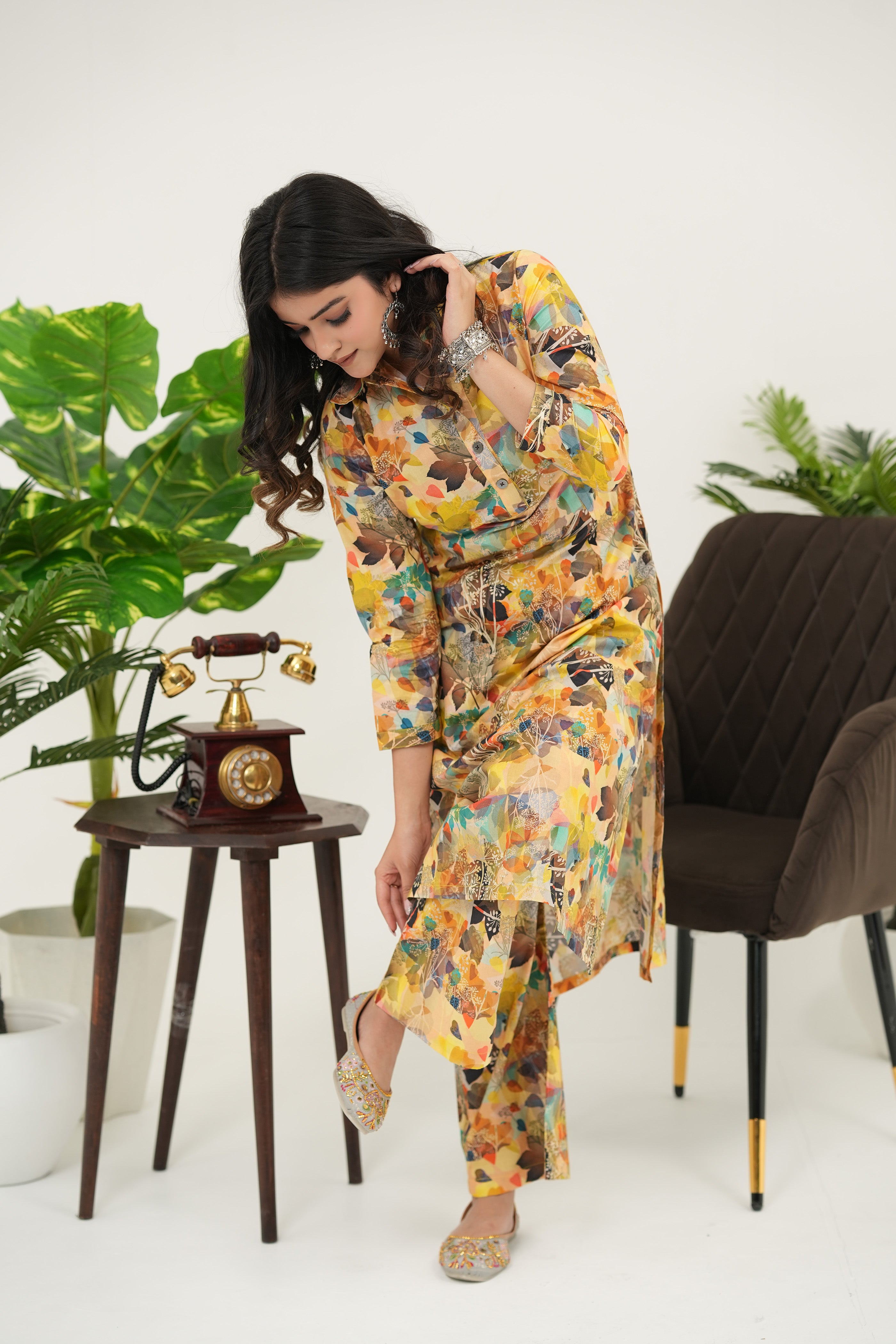 Stylish SIMROZ digital printed kurta set in joyful yellow and apricot hues, inspired by lush summer canopies