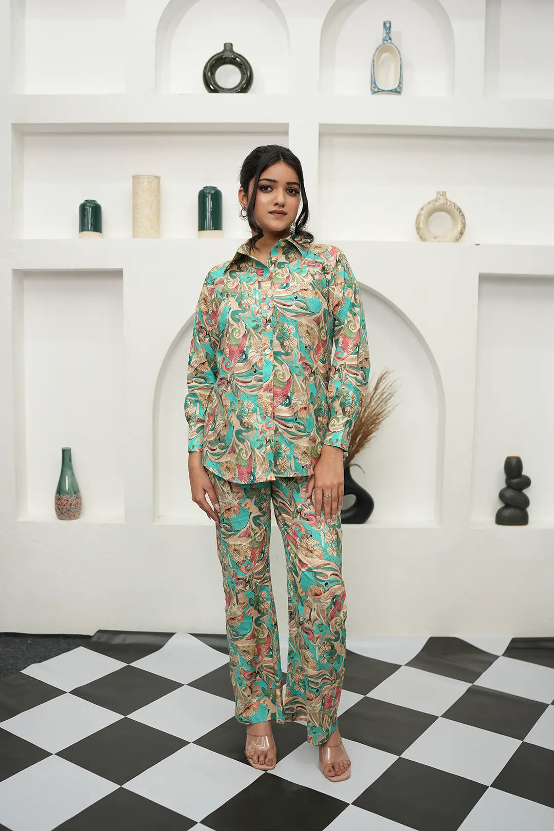 Teal & Beige Printed Co-ord Set - Simroz