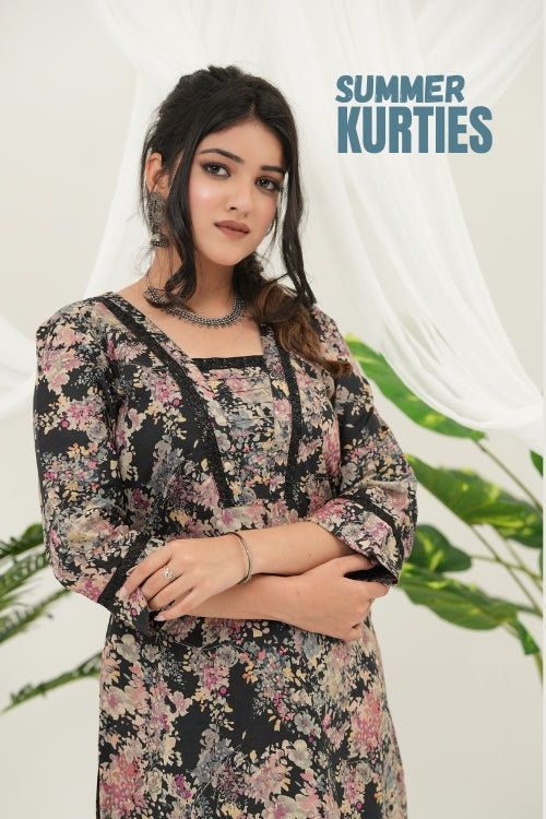 Woman wearing a Twilight Bloom" Printed Kurta Set, Digital Printing, Lace Work, 3/4 sleeves - Simroz