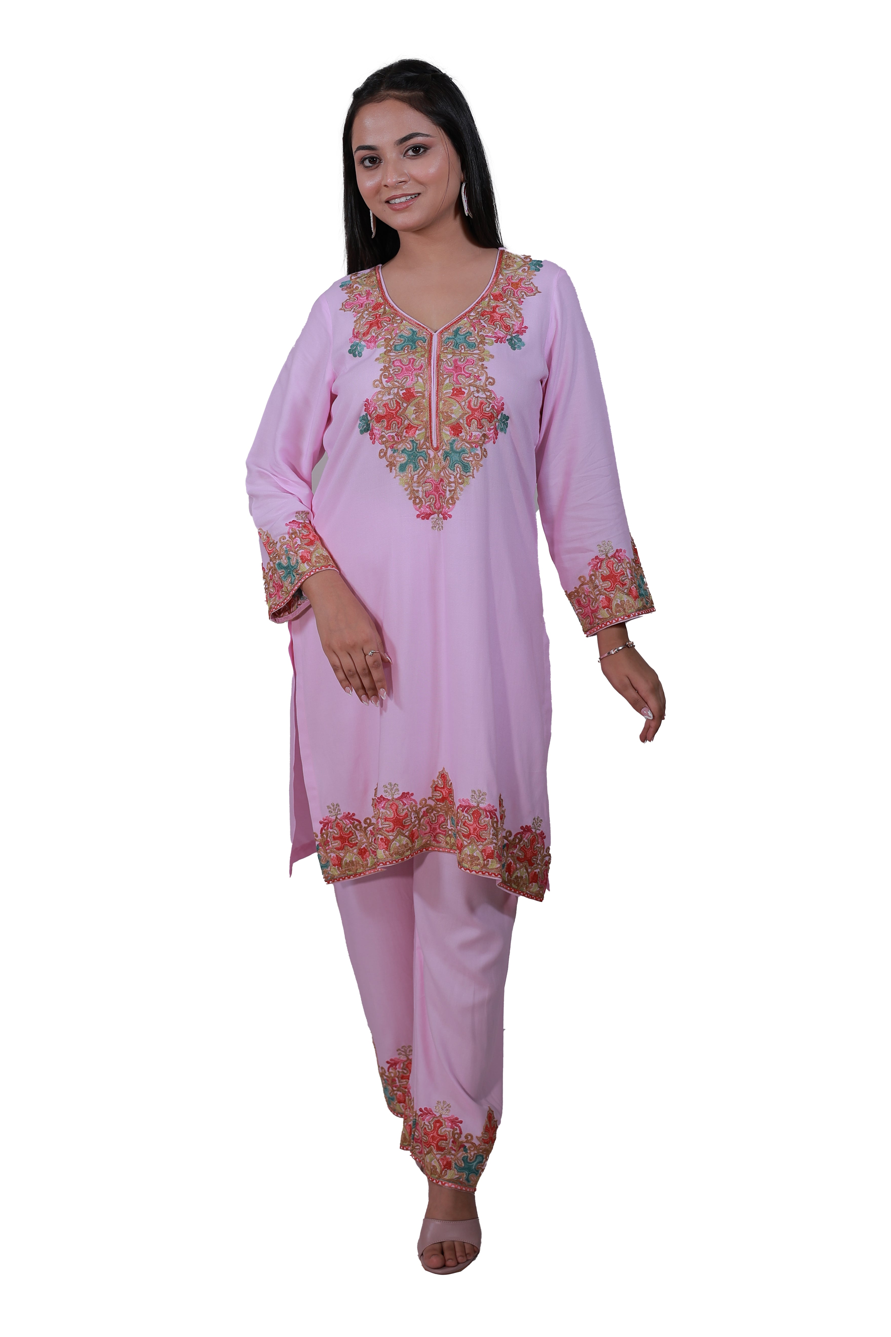 Gul-e-Kashmir Kurta Set in Pastel Pink rayon viscose with Kashmiri Aari embroidery, elegant festive wear, full front view - Simroz