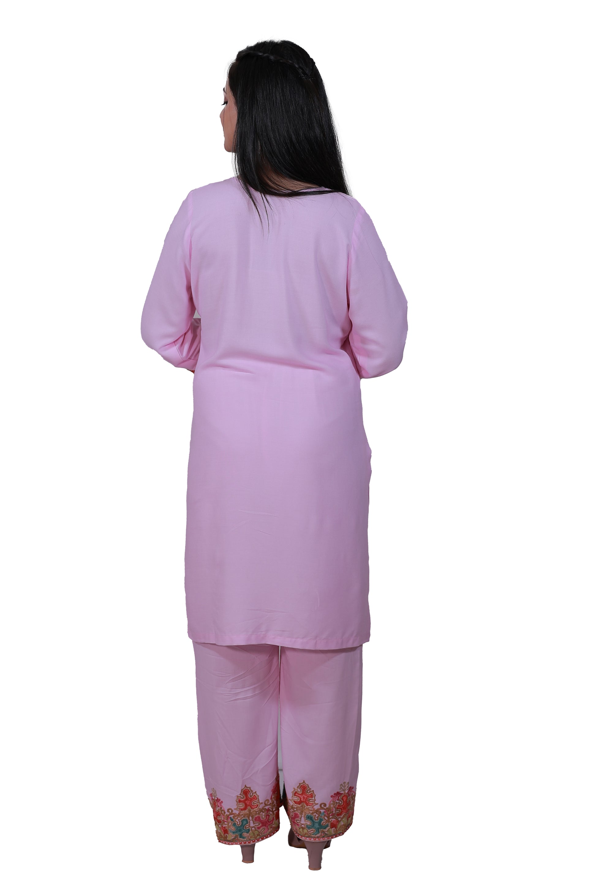 Back view of Simroz Pastel Pink Gul-e-Kashmir Kurta Set with Kashmiri Aari embroidery and elegant straight-cut style