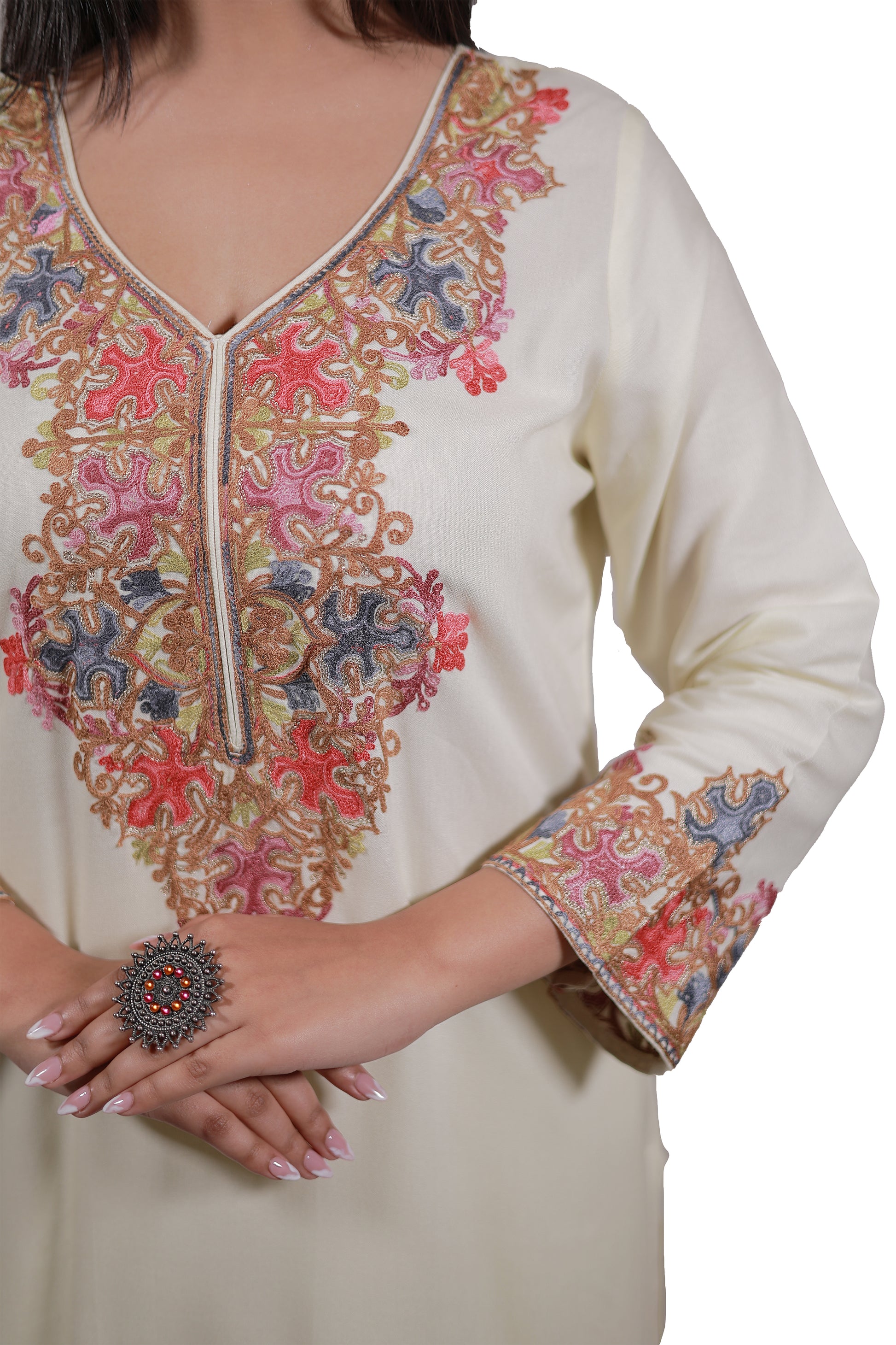 Gul-e-Kashmir Kurta Set by Simroz in pastel yellow rayon viscose, Kashmiri Aari embroidery, straight kurta design, close-up view - Simroz