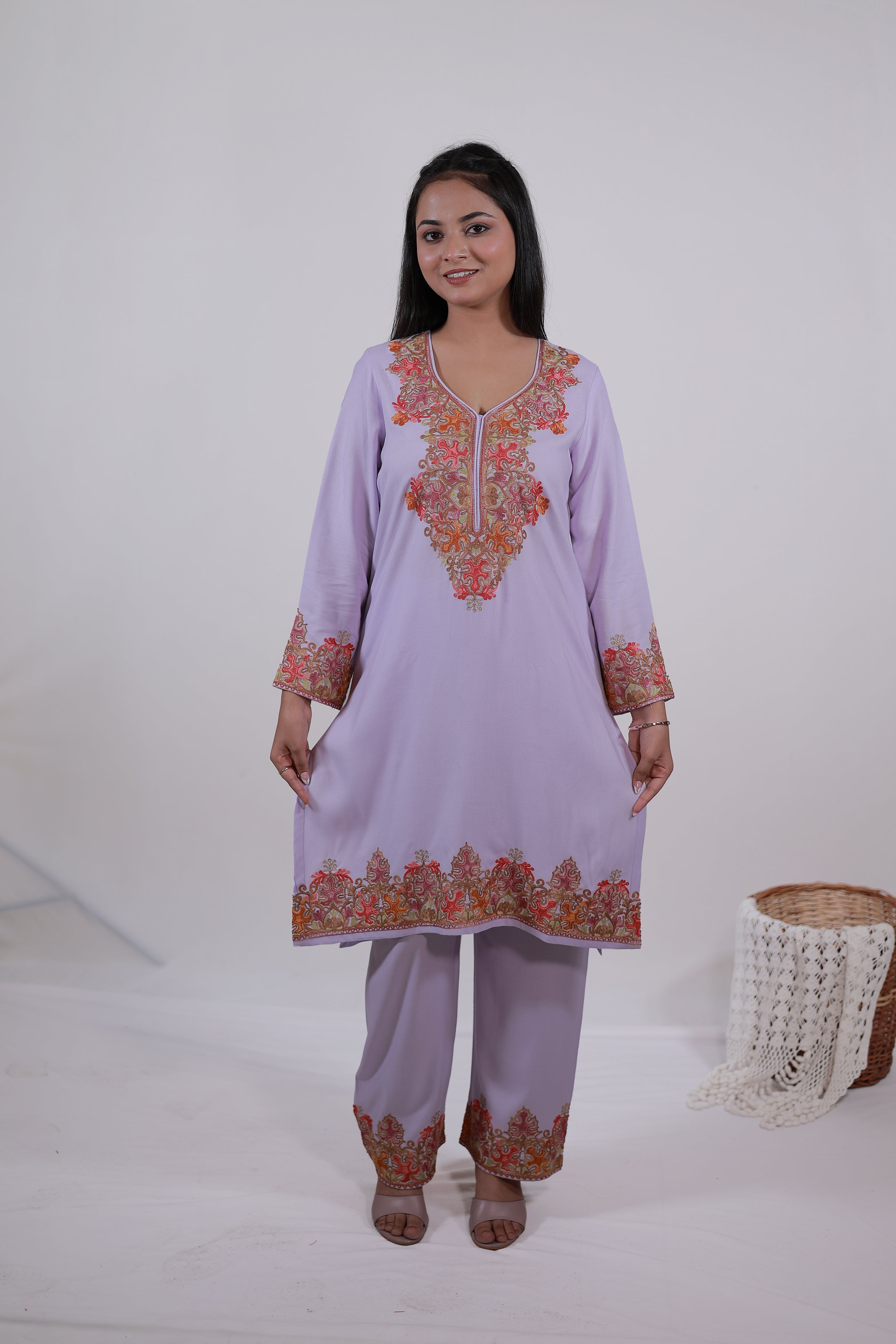 Kashmiri Embroidered Kurta Set in rayon viscose fabric, straight style festive outfit with matching bottoms, Mauve color - Simroz