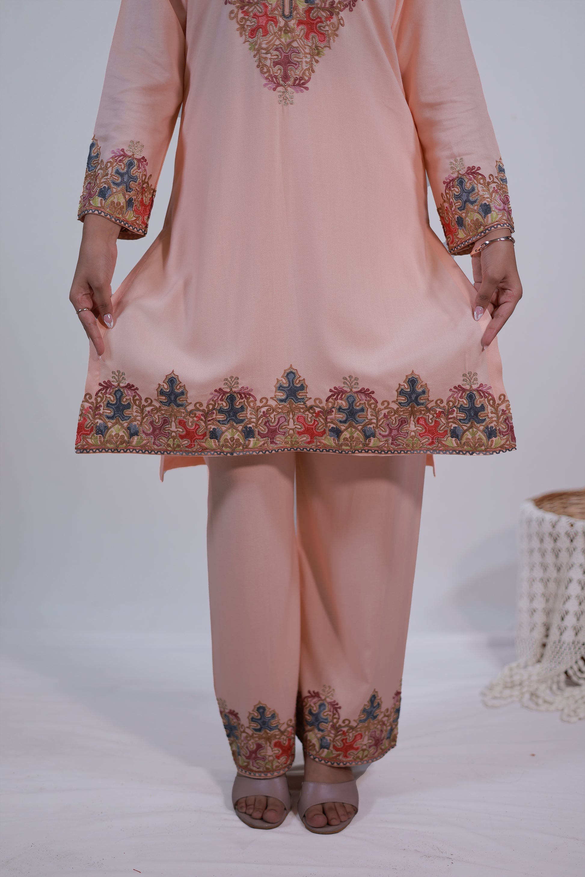 Gul-e-Kashmir Kurta Set in peach orange, rayon viscose fabric with Kashmiri Aari embroidery, elegant festive wear with matching bottoms - Simroz