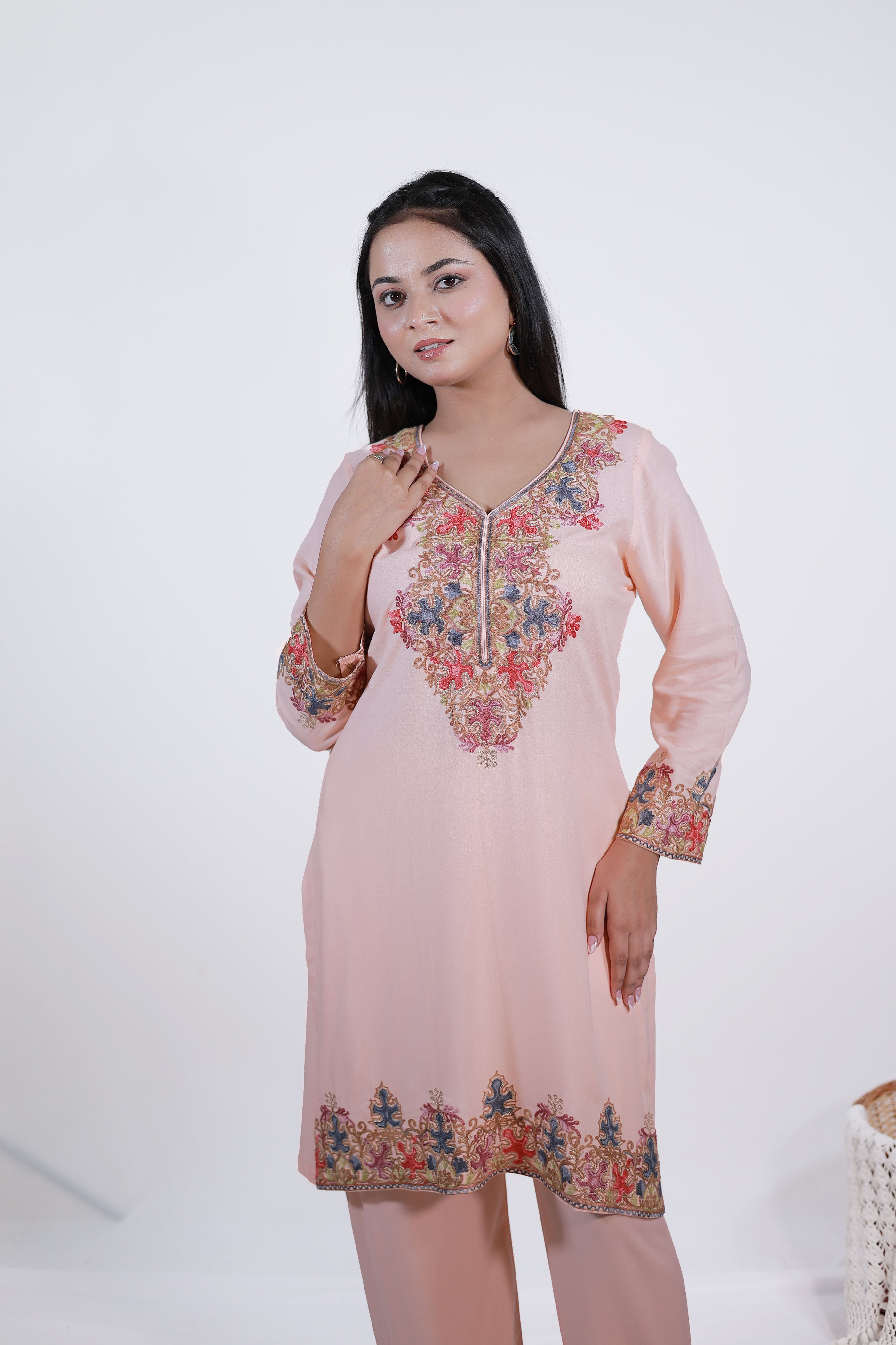Simroz Gul-e-Kashmir Kurta Set in peach orange rayon viscose with Kashmiri Aari embroidery, elegant festive wear