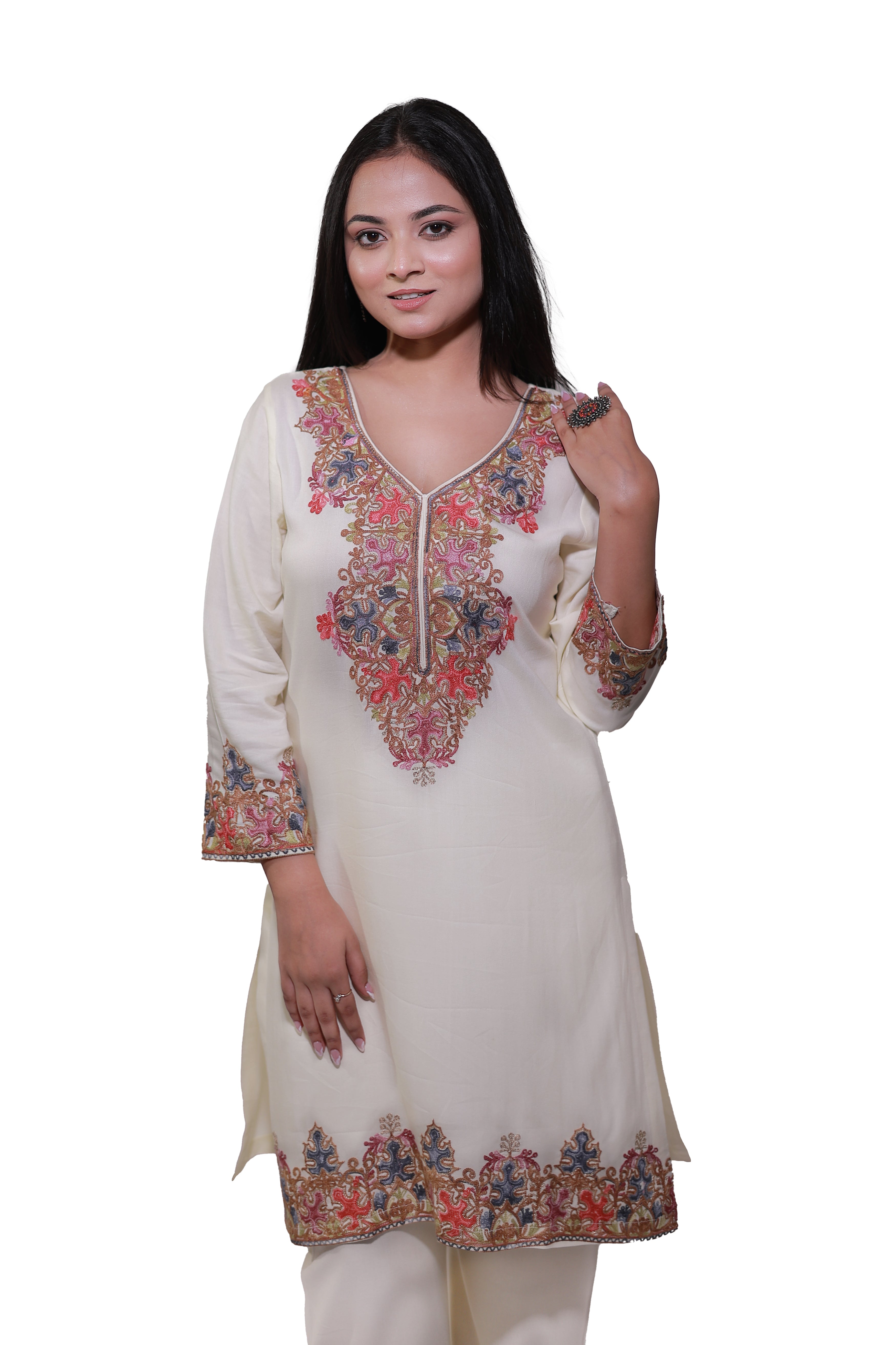 Simroz Gul-e-Kashmir Kurta Set in pastel yellow, rayon viscose fabric with Kashmiri Aari embroidery, straight style festive outfit