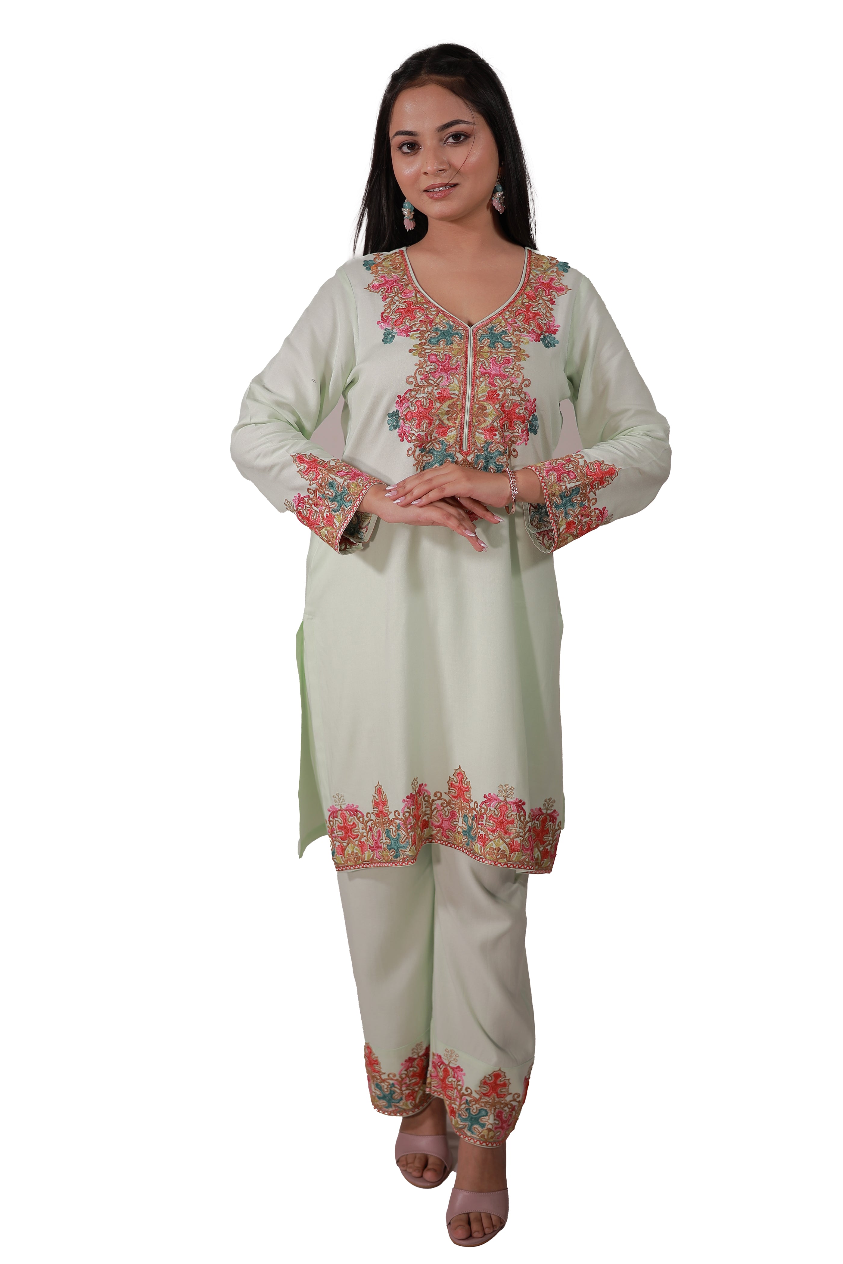 Simroz Gul-e-Kashmir Kurta Set in pastel green rayon viscose fabric with Kashmiri Aari embroidery, elegant festive outfit