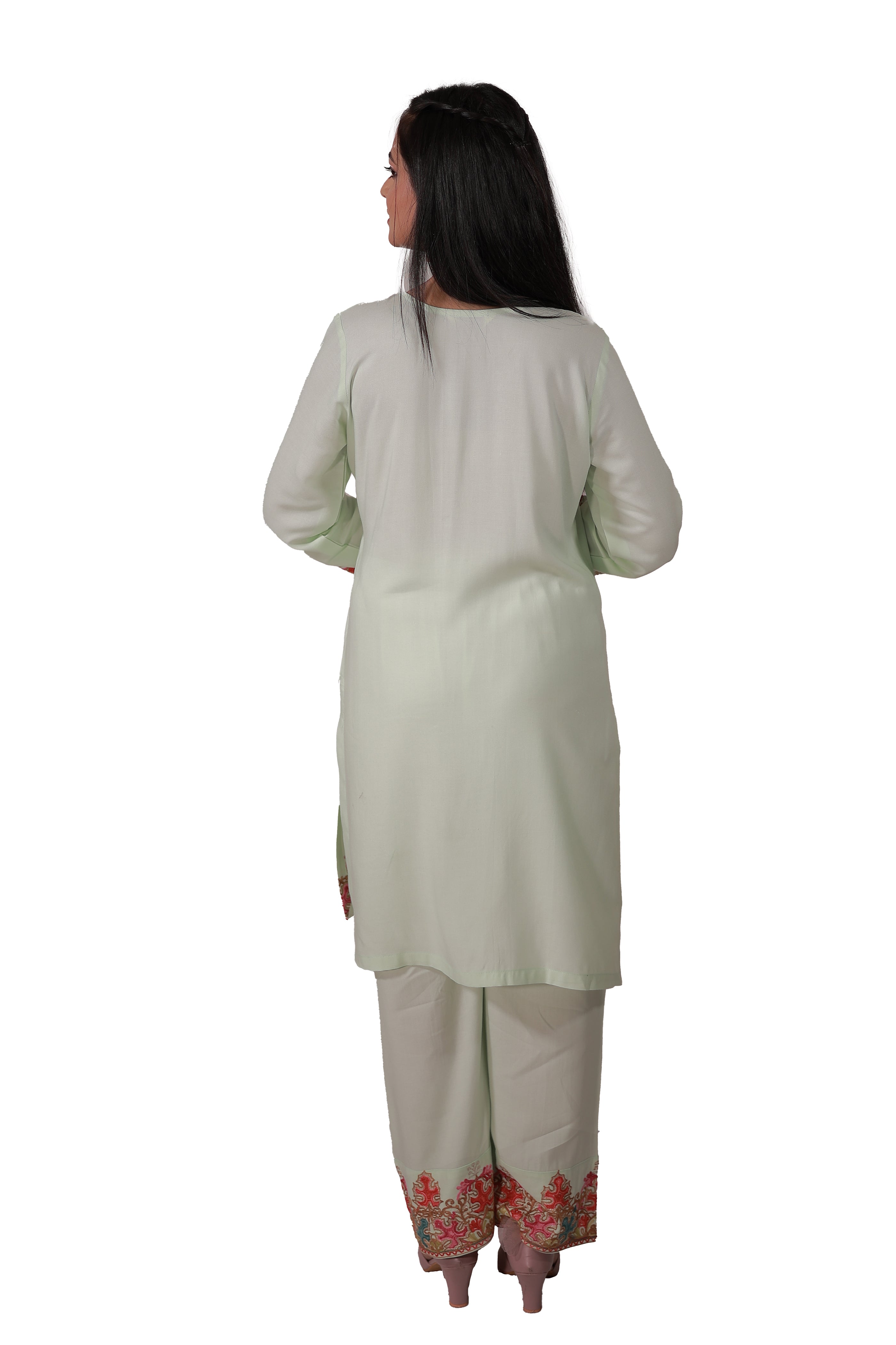 Back view of pastel green Gul-e-Kashmir Kurta Set by Simroz with elegant Kashmiri Aari embroidery and straight-fit design