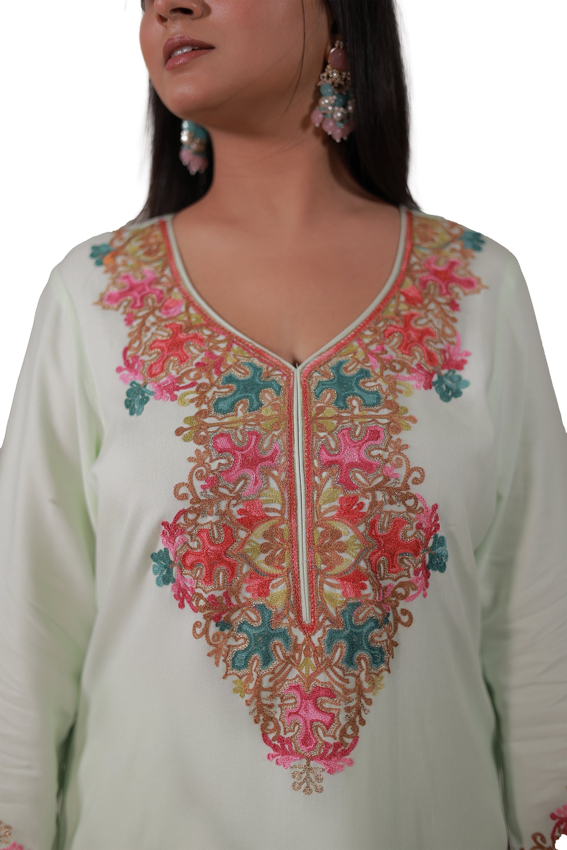 Close-up of Kashmiri Aari embroidery on pastel green Gul-e-Kashmir Kurta Set by Simroz, rayon viscose straight-fit design