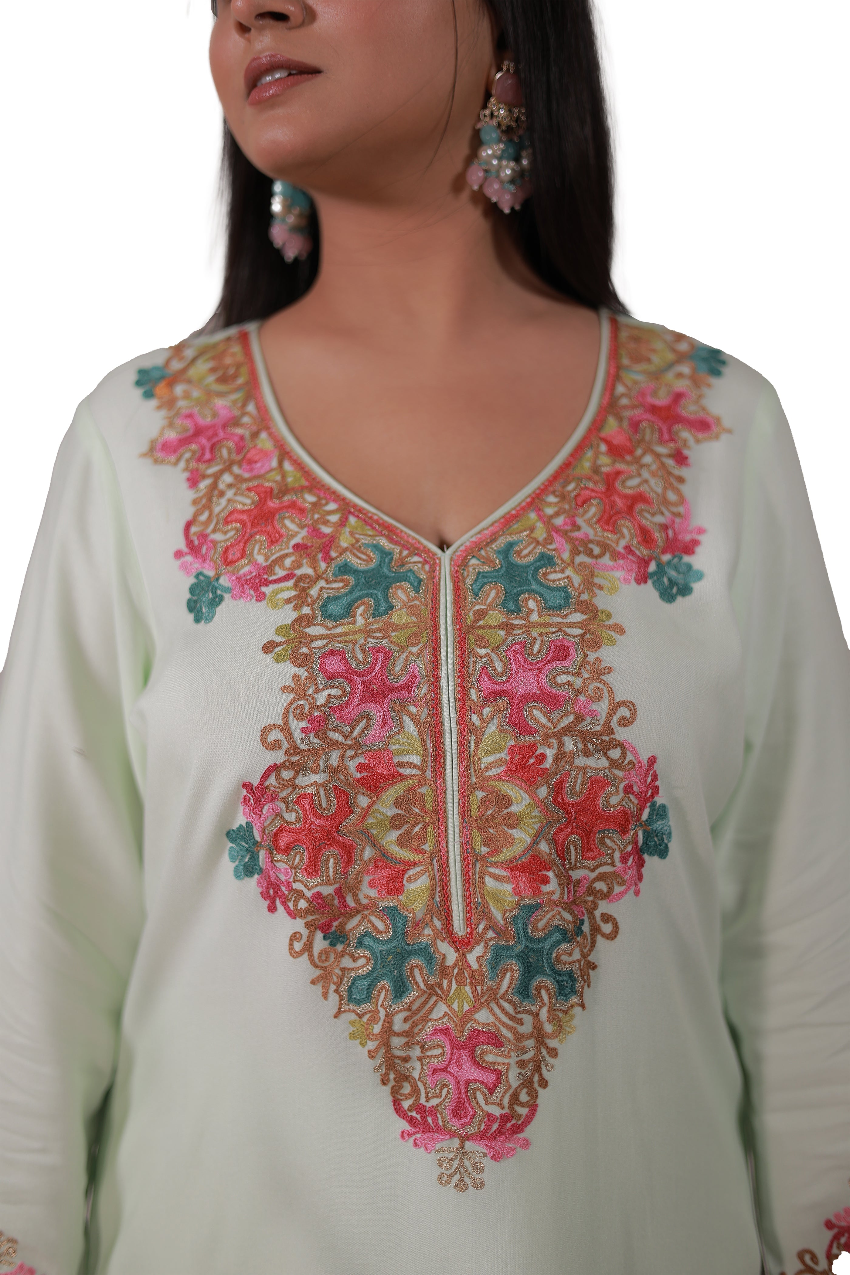 Close-up of Kashmiri Aari embroidery on pastel green Gul-e-Kashmir Kurta Set by Simroz, rayon viscose straight-fit design